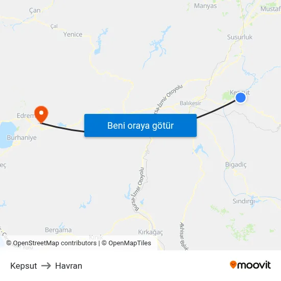 Kepsut to Havran map
