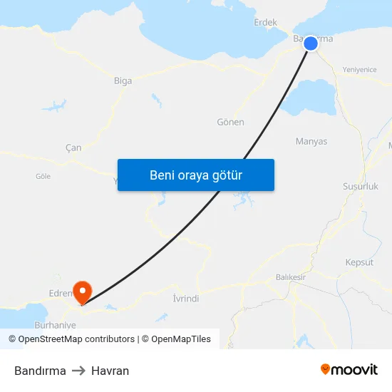 Bandırma to Havran map