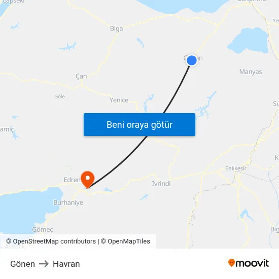 Gönen to Havran map