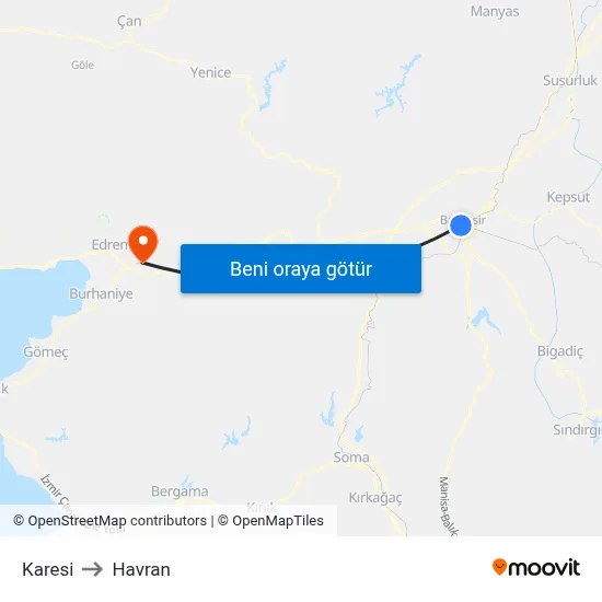 Karesi to Havran map