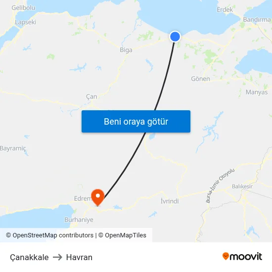 Çanakkale to Havran map