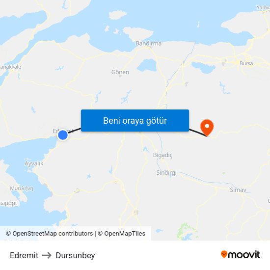 Edremit to Dursunbey map