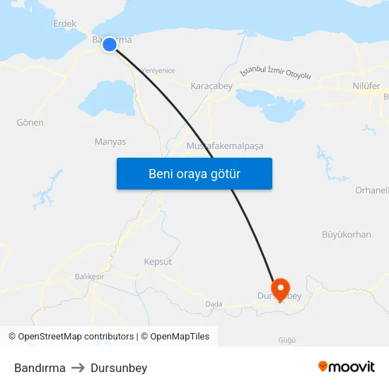 Bandırma to Dursunbey map