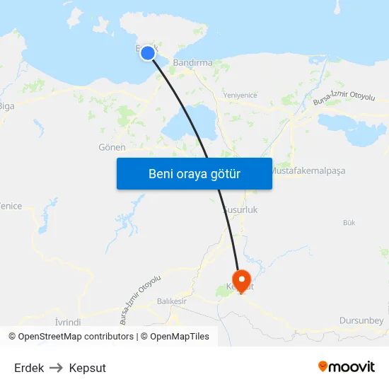 Erdek to Kepsut map