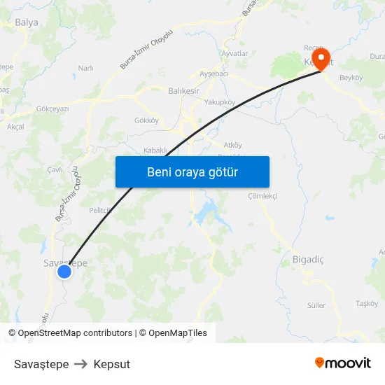 Savaştepe to Kepsut map