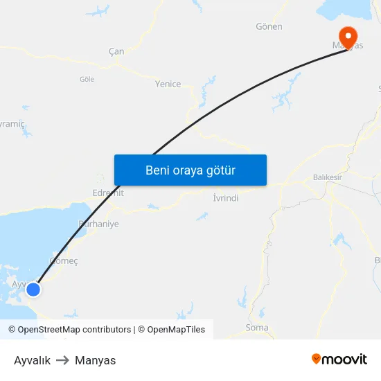 Ayvalık to Manyas map