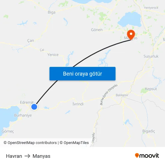 Havran to Manyas map