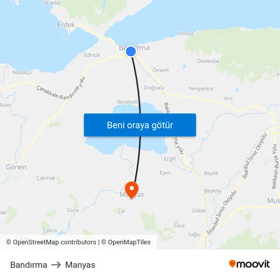Bandırma to Manyas map