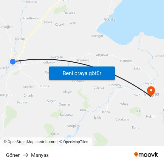 Gönen to Manyas map