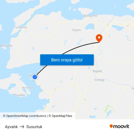 Ayvalık to Susurluk map