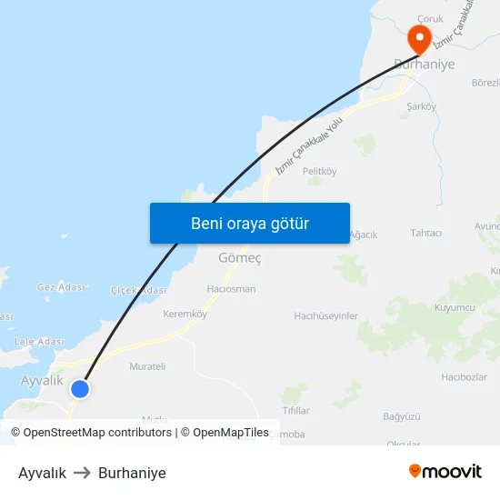 Ayvalık to Burhaniye map