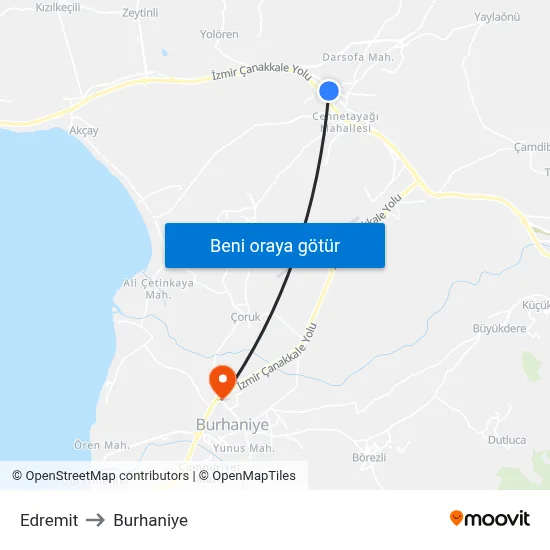 Edremit to Burhaniye map