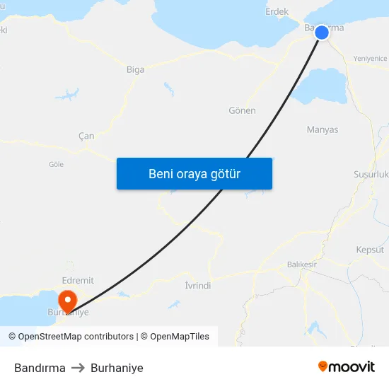Bandırma to Burhaniye map