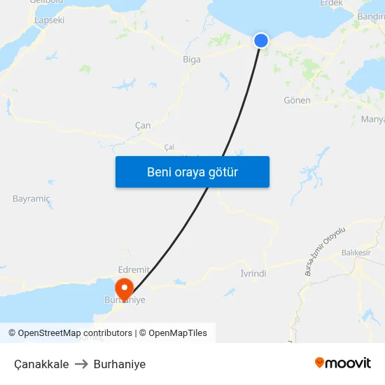 Çanakkale to Burhaniye map