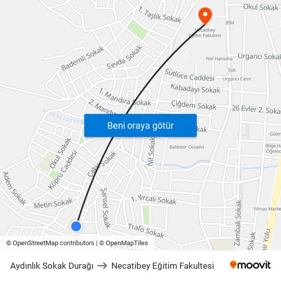 Aydınlık Sokak Durağı to Necatibey Eğitim Fakultesi map