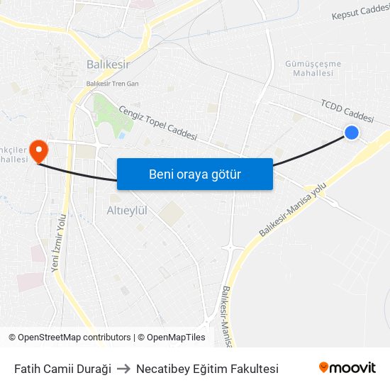 Fatih Camii Duraği to Necatibey Eğitim Fakultesi map