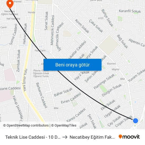 Teknik Lise Caddesi - 10 Duraği to Necatibey Eğitim Fakultesi map