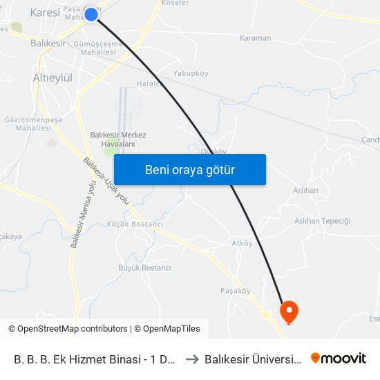 B. B. B. Ek Hizmet Binasi - 1 Duraği to Balıkesir Üniversitesi map
