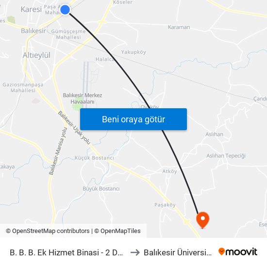 B. B. B. Ek Hizmet Binasi - 2 Duraği to Balıkesir Üniversitesi map