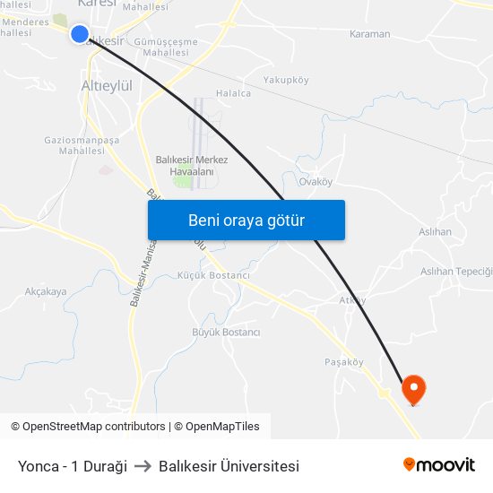 Yonca - 1 Duraği to Balıkesir Üniversitesi map