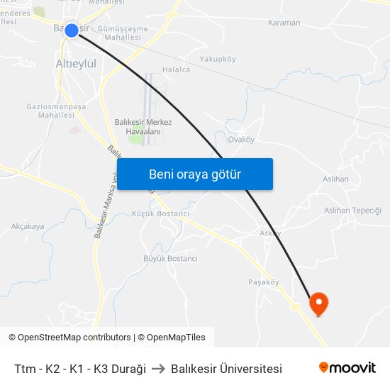 Ttm - K2 - K1 - K3 Duraği to Balıkesir Üniversitesi map