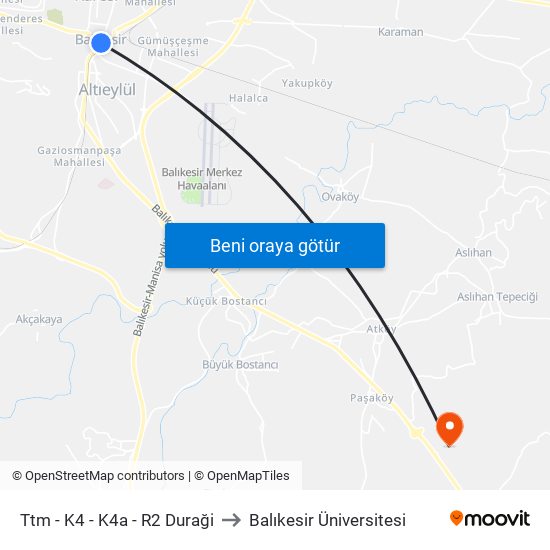Ttm - K4 - K4a - R2 Duraği to Balıkesir Üniversitesi map
