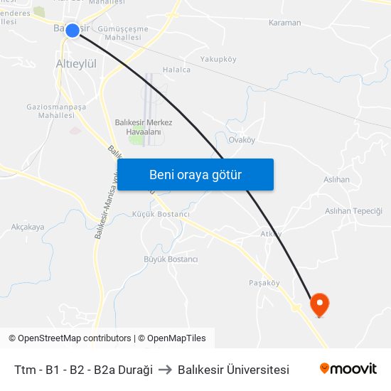 Ttm - B1 - B2 - B2a Duraği to Balıkesir Üniversitesi map
