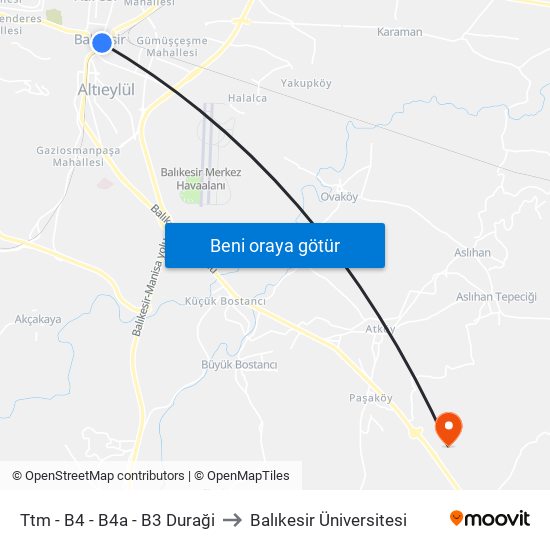 Ttm - B4 - B4a - B3 Duraği to Balıkesir Üniversitesi map