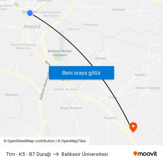 Ttm - K5 - B7 Duraği to Balıkesir Üniversitesi map