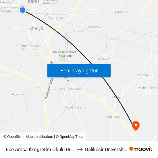 Ece Amca İlköğretim Okulu Duraği to Balıkesir Üniversitesi map