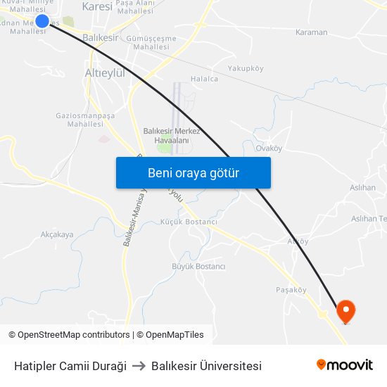 Hatipler Camii Duraği to Balıkesir Üniversitesi map