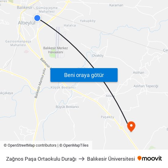 Zağnos Paşa Ortaokulu Durağı to Balıkesir Üniversitesi map