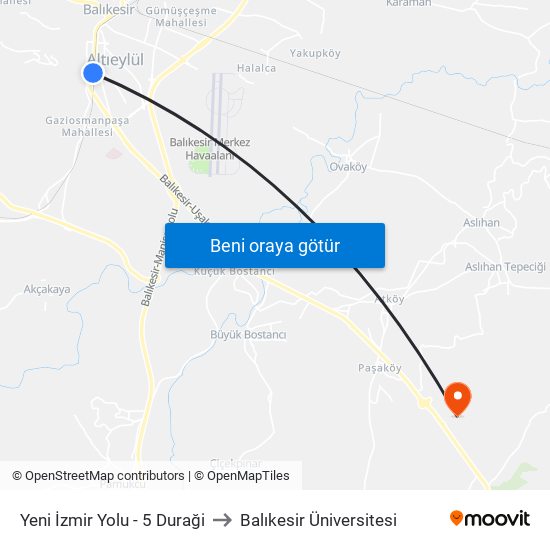 Yeni İzmir Yolu - 5 Duraği to Balıkesir Üniversitesi map