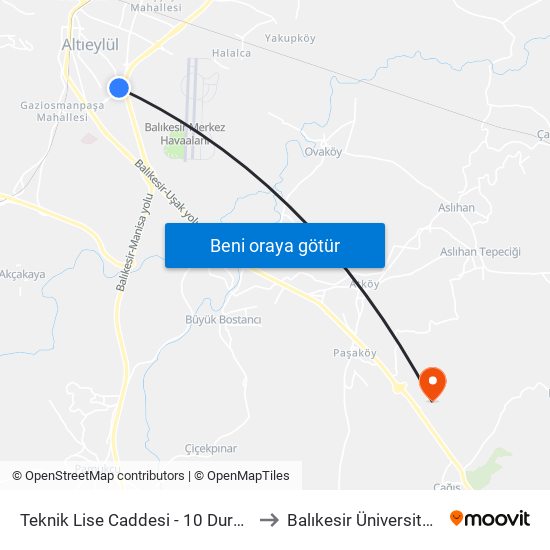 Teknik Lise Caddesi - 10 Duraği to Balıkesir Üniversitesi map