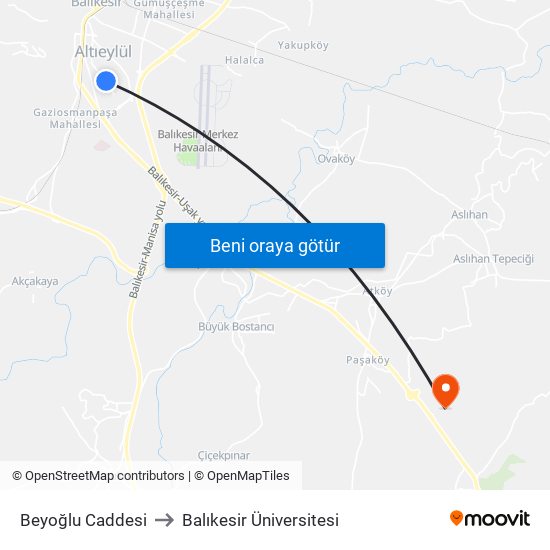 Beyoğlu Caddesi to Balıkesir Üniversitesi map
