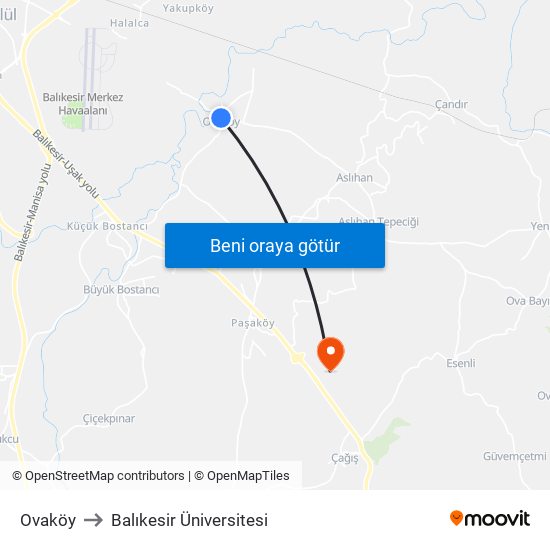 Ovaköy to Balıkesir Üniversitesi map