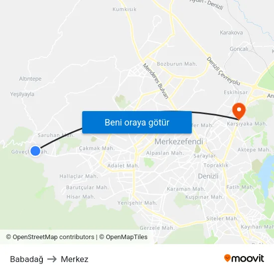 Babadağ to Merkez map