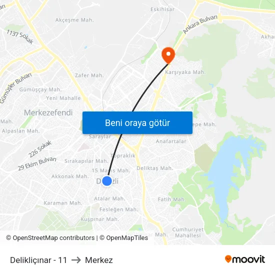 Delikliçınar - 11 to Merkez map
