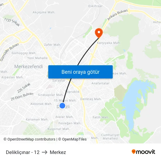 Delikliçınar - 12 to Merkez map