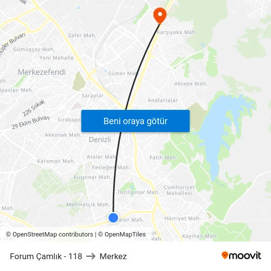 Forum Çamlık - 118 to Merkez map