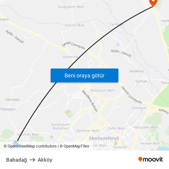 Babadağ to Akköy map