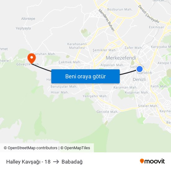 Halley Kavşağı - 18 to Babadağ map