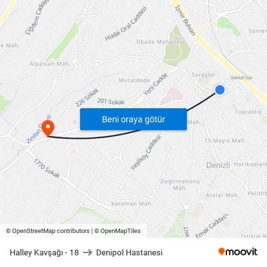 Halley Kavşağı - 18 to Denipol Hastanesi map