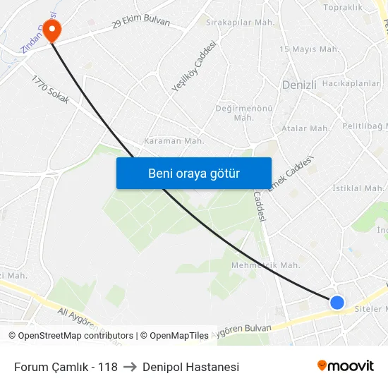 Forum Çamlık - 118 to Denipol Hastanesi map