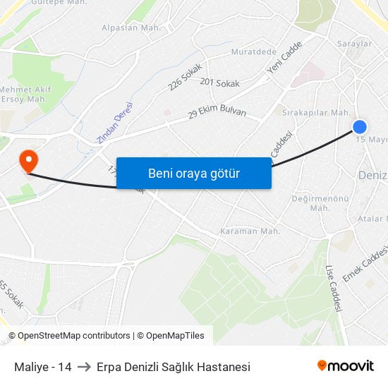 Maliye - 14 to Erpa Denizli Sağlık Hastanesi map