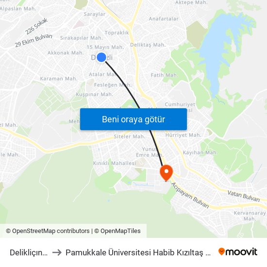 Delikliçınar - 11 to Pamukkale Üniversitesi Habib Kızıltaş Psikiyatri Hastanesi map