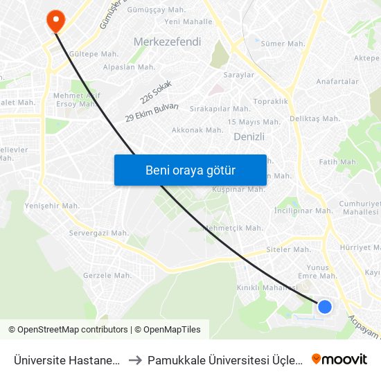 Üniversite Hastanesi - 1044 to Pamukkale Üniversitesi Üçler Yerleşkesi map