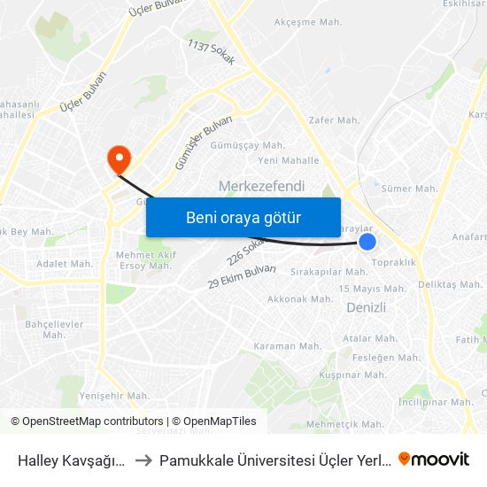 Halley Kavşağı - 18 to Pamukkale Üniversitesi Üçler Yerleşkesi map