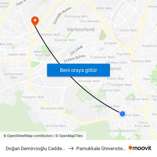 Doğan Demircioğlu Caddesi Forum Çamlık - 118 to Pamukkale Üniversitesi Üçler Yerleşkesi map