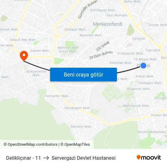 Delikliçınar - 11 to Servergazi Devlet Hastanesi map